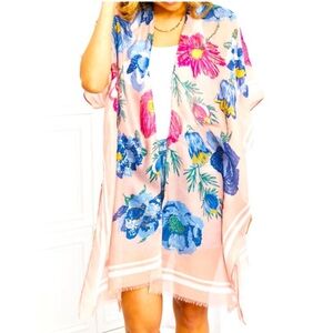 Woven Heart Floral Kimono Pink Blue Spring Boho Vacation Resort NWT
